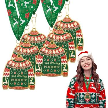 Imagem de Slergut Medalha de suéter feio de Natal 2025, 6 peças, medalha de prêmio de suéter feio com fita de pescoço verde, prêmios de troféu do melhor concurso de suéter mais feio, enfeite de árvore de Natal