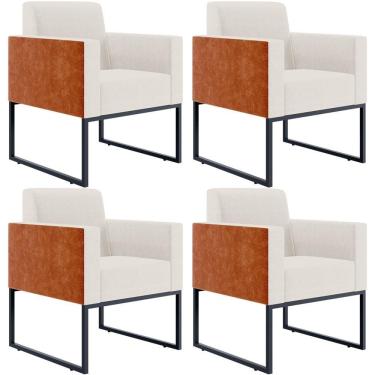 Imagem de Kit 04 Poltronas Base Fixa Metal Helô L02 Linho Cru Camel