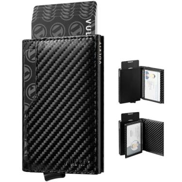 Imagem de VULKIT Porta-cartões com janela de identidade, cartões pop-up, carteira de couro fina, proteção RFID, até 12 cartões, capa para cartão, CF Preto, One Size, Minimalista