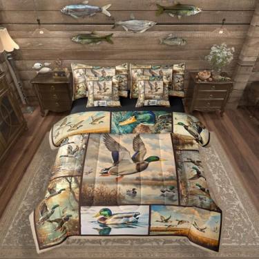 Imagem de Erosebridal Jogo de cama Queen com 7 peças, pato selvagem, cabana rural, pato da floresta, para crianças, adolescentes e adultos, conjunto de colcha rural rústica de animais selvagens