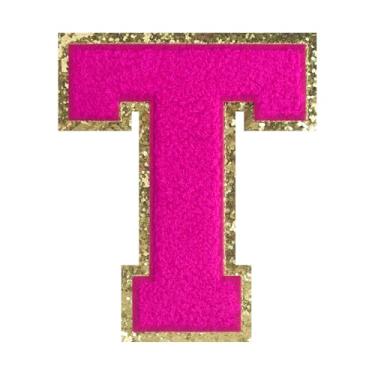 Imagem de 1 PÇ Patch de letra de chenille rosa de 11,4 cm com borda dourada – Remendos do alfabeto para roupas, jaquetas, mochilas, chapéus para decoração personalizada, nome personalizado e artesanato. (T)