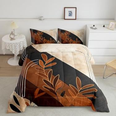 Imagem de Conjunto de edredom de arte abstrata, tamanho casal, vintage, geométrico, patchwork, 3 peças, conjunto de colcha com estampa de folha de palmeira para decoração de quarto de crianças, adolescentes