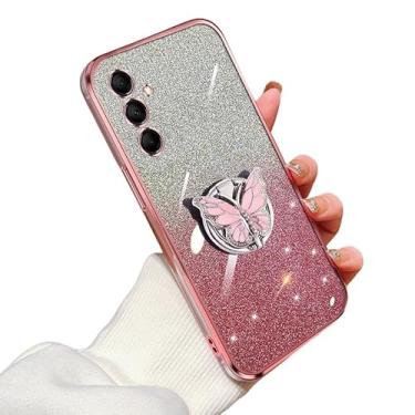 Imagem de KUWAI Capa com glitter compatível com Samsung Galaxy M14 capa borboleta com suporte para Galaxy M14 TPU macio galvanizado à prova de choque para mulheres meninas capa para Samsung M14 (rosa)