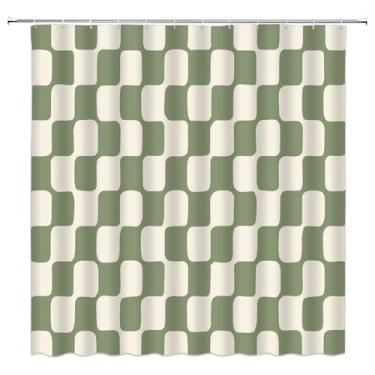 Imagem de Cortina de chuveiro quadriculada quadriculada, bege, verde-sálvia, clássica, ondulada, quadriculada, cortina de banheiro com 12 ganchos, decoração de casa de banheira, 177 x 178 cm