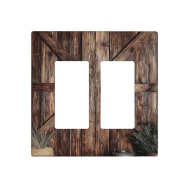 Imagem de VGHOKO Capas de tomada decorativas com porta de celeiro rústica design vintage de textura de madeira desgastada placa de parede de 2 gangues capa de interruptor de luz de interruptor duplo capa de