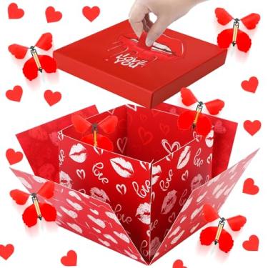 Imagem de Caixa de presente de explosão de borboleta voadora com tampas, caixa de presente vermelha de coração surpresa explosiva exclusiva com lábio vermelho e borboletas para o dia de Galentine, casamento