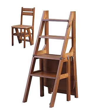 Imagem de Banqueta de escada de madeira maciça para uso doméstico, dois degraus, escada dobrável, cozinha, uso duplo, três camadas, banco de escada (branco)/branco (nogueira)