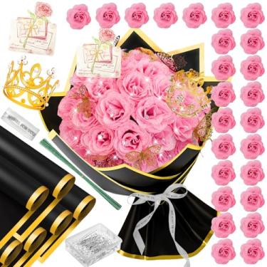Imagem de Buquê de 28 rosas com glitter rosa - buquê de flores artificiais com alfinetes Diomand, kit de buquê de flores falsas faça você mesmo - Arranjo de flores brilhantes para o dia dos namorados,