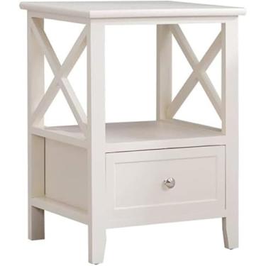 Imagem de FENOKD Mesa de cabeceira branca com prateleira e gaveta suporte de cabeceira para quarto mesa lateral de armário de cabeceira de madeira mesa pequena para sala de estar (gaveta inferior branco marfim)