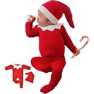 Imagem de Acessórios para sessão de fotos de bebês recém-nascidos de Natal roupas de crochê Papai Noel chapéu vermelho calças adereços de fotografia (vermelho branco)