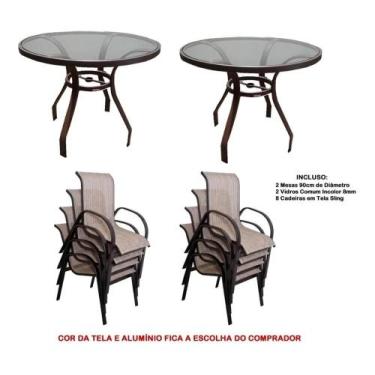 Imagem de Kit 8 Cadeiras Aluminio + 2 Mesas Com Vidro Moveis Piscina - Sarah Móv