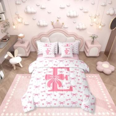 Imagem de Erosebridal Conjunto de edredom solteiro com letra E, 7 peças, com laço rosa em uma bolsa, estilo princesa sonhadora, para crianças, meninos e meninas, conjunto de lençol com monograma mágico e