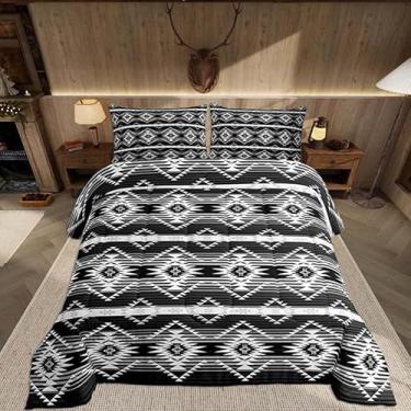 Imagem de Feelyou Conjunto de edredom ocidental para todas as estações, asteca do sudoeste, com 2 fronhas, geométrico, vintage, Queen, boêmio, tribal, rústico, decoração de quarto, cinza e branco