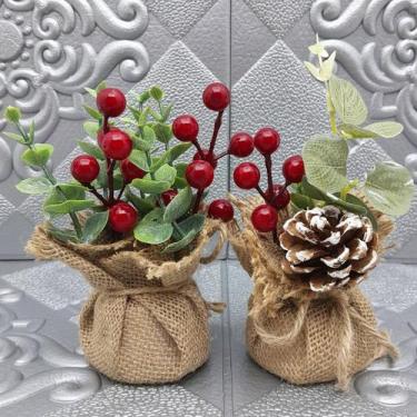 Imagem de Arranjos Enfeite Mesa Natal Vaso Cereja Pinha 15cm Kit 2pçs - Genérico