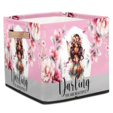 Imagem de hongjinglin Cestos dobráveis de armazenamento de cubos rosa africanos fofos caixas dobráveis brinquedo infantil com alças organizador de armazenamento de tecido cesto para berçário, sala de estar