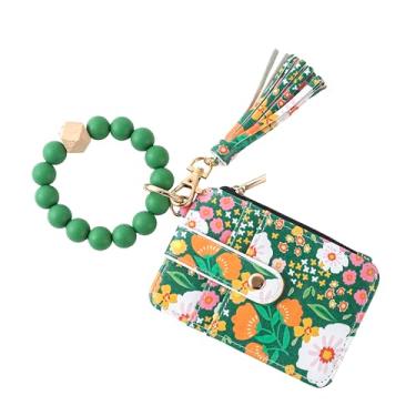 Imagem de Carteira feminina Boho com contas de pulso – Porta-cartões com estampa floral com borla, pulseira de contas de silicone, porta-chaves com zíper e porta-moedas para identidade para mulheres, Verde