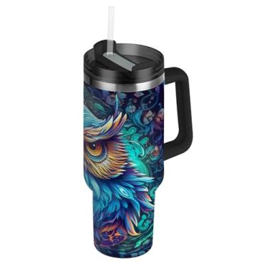 Imagem de Blueangle Copo de coruja neon de 850 g com alça e tampa de palha, caneca de viagem de aço inoxidável isolada a vácuo de parede dupla, garrafa de água reutilizável para academia de escritório ao ar