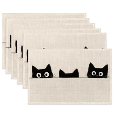 Imagem de Jogo americano de pano, jogo americano de tecido para gatos fofos, conjunto com 6, tapetes de mesa laváveis e engraçados, tapetes decorativos para jantar, casa, cozinha, festas de fim de ano, 29 x 44