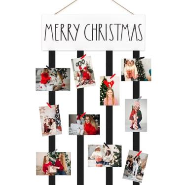 Imagem de Rmeosye Suporte de cartão de Natal, exibição de fotos de Feliz Natal, letreiro de madeira para pendurar na parede com 24 clipes para molduras rústicas faça-você-mesmo, colagem, decoração de casa