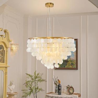 Imagem de Lustre Criativo para Sala de Estar, em Concha Natural, com 6 Lâmpadas, Luminária Pendente Moderna de Teto, Estilo Costeiro, Branco, para Cozinha, Quarto, Hall de Entrada, Restaurante e Bar.