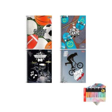 Imagem de Kit Caderno Universitário Vibe Masc 80F + Caneta Trigel Metálica 1.0mm + Marca Texto Boss Pastel