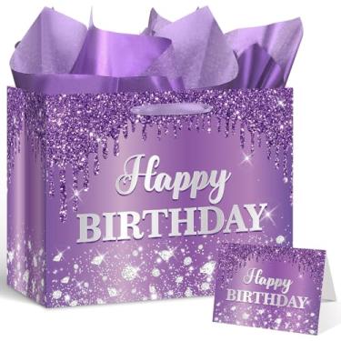Imagem de Yoirrat Grande bolsa de presente de feliz aniversário roxa e prata para mulheres, meninas, com papel de embrulho e cartão para mulheres, meninas, decorações de aniversário, suprimentos de festa