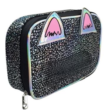 Imagem de Estojos com compartimentos，Estojo Escolar Organizador Porta Lápis Box Grande Com Elásticos e Fechamento Zíper Degrade(Preto gatinho)