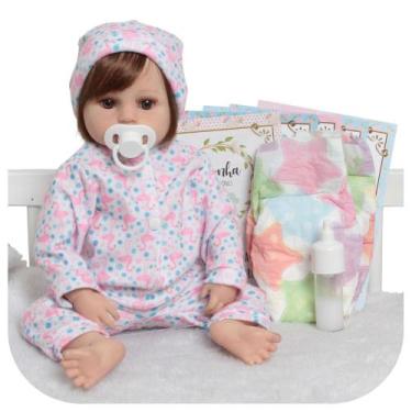 Imagem de Boneca Reborn Fio a Fio Realista Pode Banho Roupa Flamingo - Cegonha R