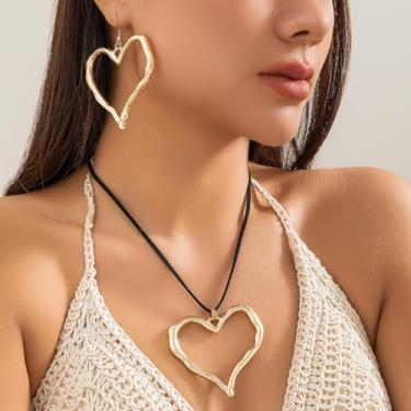 Imagem de Conjunto de joias de ouro grosso - Colar e brincos de coração com pingente de coração de amor, gargantilha de corda, brincos para presente feminino, One Size, Cobre, Sem Pedra Preciosa