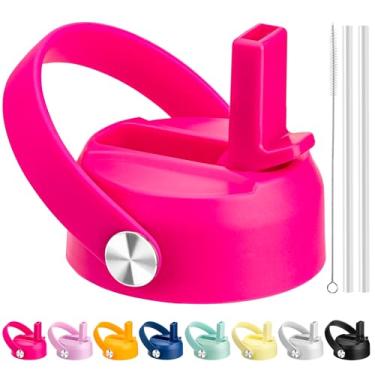 Imagem de Tampa de canudo para garrafa de água Hydro Flask de boca larga 12 18 20 32 40 1,8 g, tampa de substituição com alça flexível e canudo compatível com Hydroflask boca larga (rosa)