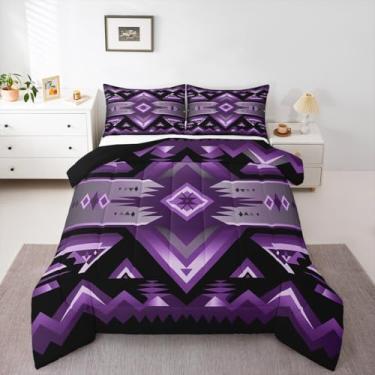 Imagem de jejeloiu Conjunto de edredom boêmio asteca para crianças, roxo, casa de fazenda, estilo exótico, estilo exótico, tribal, nativo americano, para decoração de quarto