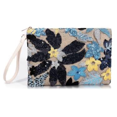 Imagem de QTKJ Bolsas clutch para mulheres, bolsa de palha, pacote envelope de flores bordadas de lantejoulas boêmias, pulseiras de couro, bolsas de praia para férias, viagens, banquete (flor preta)