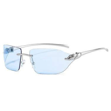Imagem de Óculos de Sol Vintage Unique Cheetah Femininos Sem Aro com Lentes Transparentes Estilo Oceano, Proteção UV400, Cor Azul Prateado