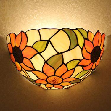 Imagem de Luminária de parede e aplique de parede estilo Tiffany com girassol, luminária clássica de meia parede em vitral campestre vintage para quarto, cabeceira, corredor, varanda, 30 cm
