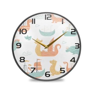Imagem de YETTASBIN Relógio de parede acrílico Viking Dragon Ship - Silencioso, sem tique-taque, operado por bateria, relógio redondo decorativo criativo para cozinha, sala de estar, banheiro, decoração de