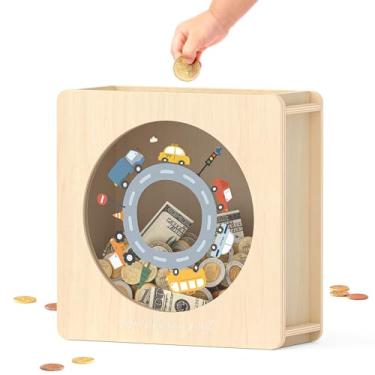 Imagem de Cofre de madeira para crianças e adultos, cofre de dinheiro, caixa de economia de dinheiro com adesivos faça você mesmo, caixa de cartão de presente personalizada de carro, para aniversário, chá de