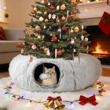 Imagem de Cama de túnel de pelúcia para gatos internos, brinquedos de túnel de donut com almofada removível e lavável, parque infantil Peekaboo caverna para refúgio gatinho coelho furão com bolas de brinquedos