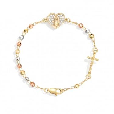 Imagem de Pulseira de rosário para mulheres com crucifixo católico, banhado a ouro 14K, Virgem Maria Jesus, pingente de cruz, presente religioso delicado da Virgem de Guadalupe para confirmação de batismo