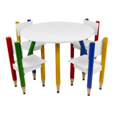 Imagem de Kit 4 Cadeiras e Mesa Infantil Lápis Coloridos Redonda Tampo Branco Pé