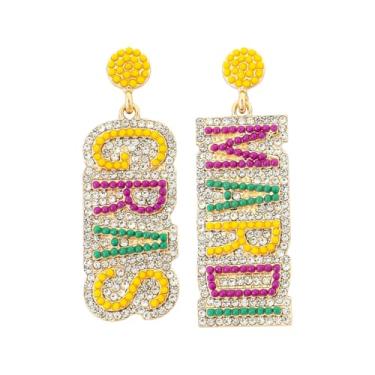 Imagem de Brincos femininos com pingente de carta de strass carnaval roxo e verde, brincos longos ousados para festas de festivais