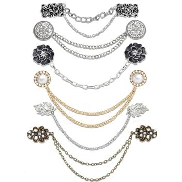 Imagem de Ofeiyaa Suéter vintage corrente de clipe de xale antigo retrô cardigã vestido gola de manto broche de lapela broche com corrente pendurada flor rosa folha pérola CZ camisa suporte de terno acessórios