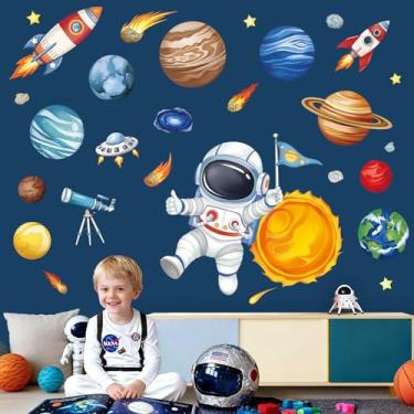 Imagem de wondever Adesivos de parede de astronauta do espaço sideral planetas Rocket Peel and Stick Decalques de arte de parede para quarto de meninos, berçário, quarto de crianças