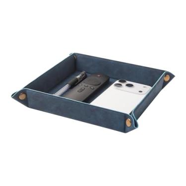 Imagem de WAYIFON Bandeja organizadora de armazenamento de mesa – Bandeja de cabeceira de couro sintético premium para mesa de cabeceira para controle remoto, chaves, telefone, carteira, moeda, joias, azul