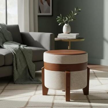 Imagem de Puff redondo pés de madeira, revestido com tecido linho com detalhes em courino Linho Bege - bege