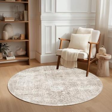 Imagem de FMFUNCTEX Tapete redondo lavável de 1,5 m, bege, vintage, neutro, desgastado, antiderrapante, para sala de estar, quarto, macio, tapete para interior, retrô, floral, para sala de jantar, escritório