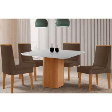 Imagem de Sala Jantar Mesa Maldivas Tampo c/ Vidro Curvo 90cm+4 Cadeiras Dakota Madeira Naturale/Off White - Capuccino/Suede Marrom - Rufato