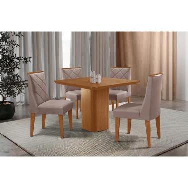 Imagem de Sala Jantar Mesa Maldivas Tampo Curvo 90cm+4 Cadeiras Pietá Madeira Naturale - Capuccino/Linho Capuccino - Rufato