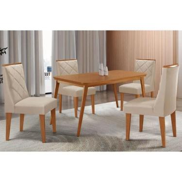Imagem de Sala Jantar Mesa Havana Tampo Curvo 120cm+4 Cadeiras Pietá Madeira Naturale - Capuccino/Suede Creme - Rufato