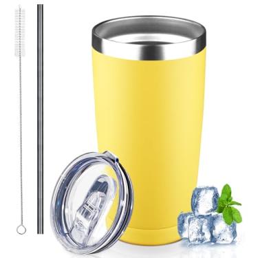 Imagem de Copo de 590 ml com tampas e canudos, copo de café isolado de aço inoxidável, caneca de viagem com isolamento a vácuo de parede dupla, copo de café térmico à prova de vazamento para bebidas quentes e