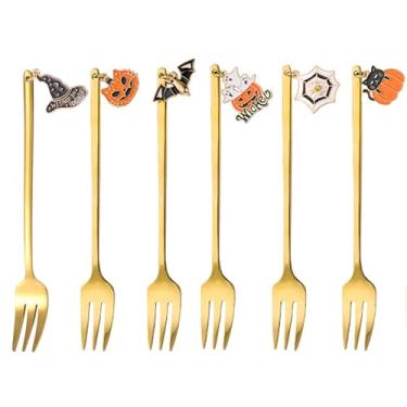 Imagem de GLKTOPO 6 colheres de café do Dia das Bruxas, pingente de morcego de abóbora de aço inoxidável, colher de chá de sobremesa assustadora para decoração de mesa de festa, mexendo café para festa de